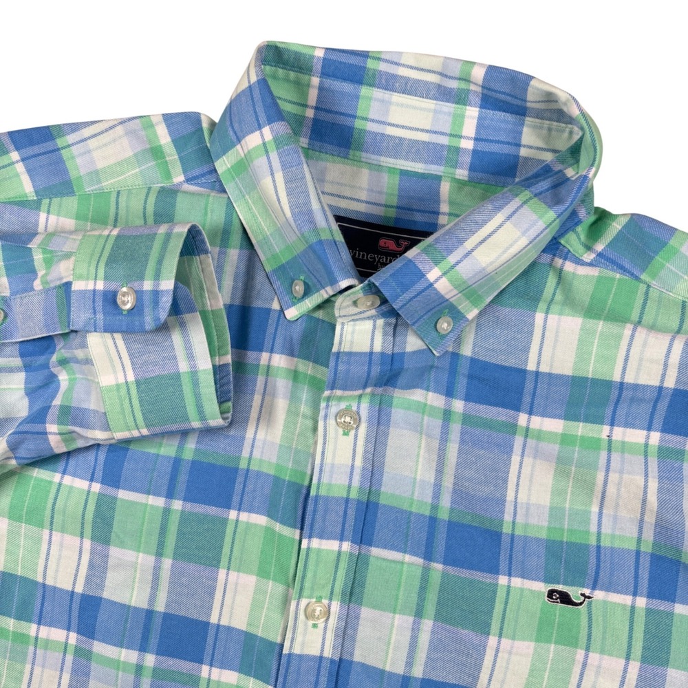 Vineyard Vines Button Down Shirt Mens XL Blue Green Plaid Whale Shirt Stretch